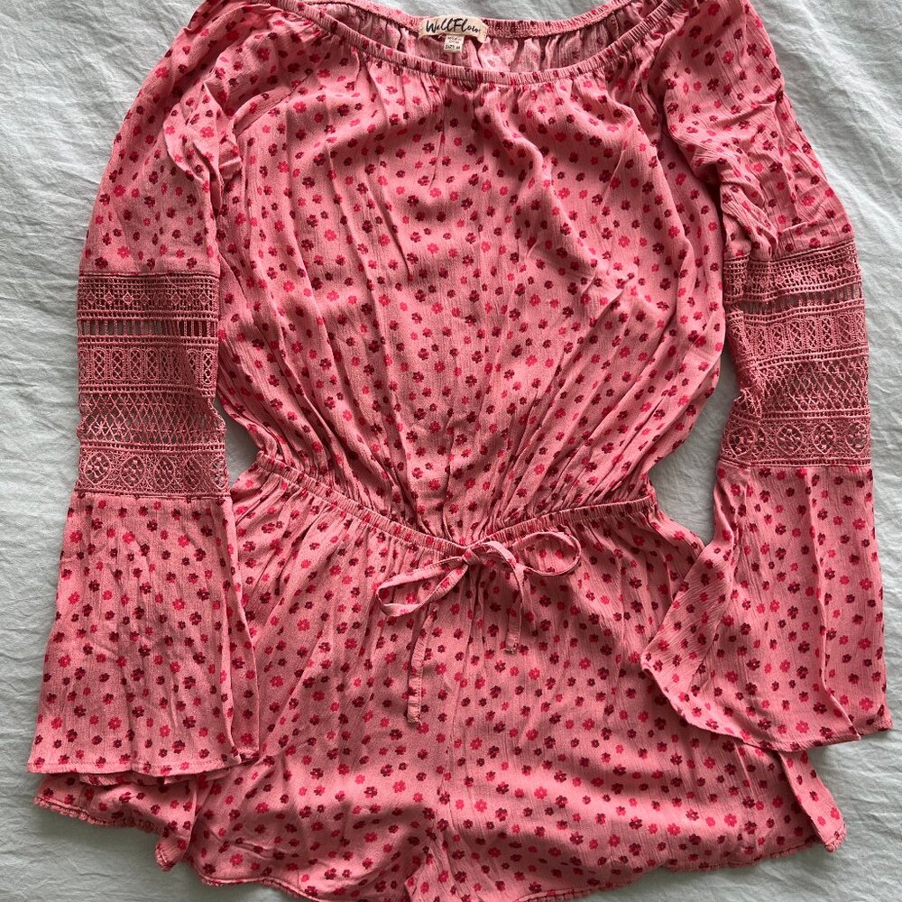 WallFlower bell sleeve on or off shoulder romper with crochet inset